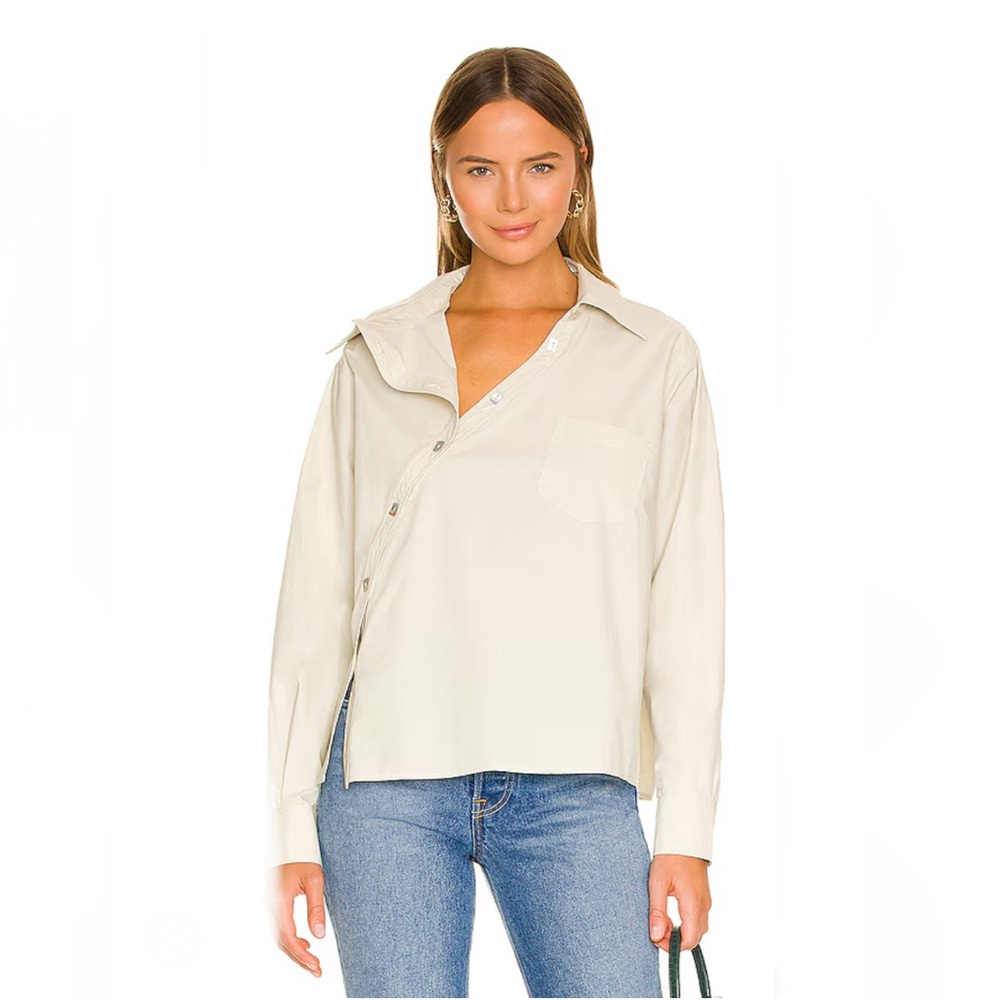 Song of Style Uri Top Pale Green Oversized Diagonal Button Beige Shirt Size XL